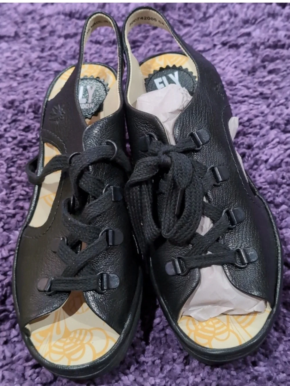 Fly London Mousse Black  Leather Lace Up Wedge Sandal  SZ 38  US 7 -7.5